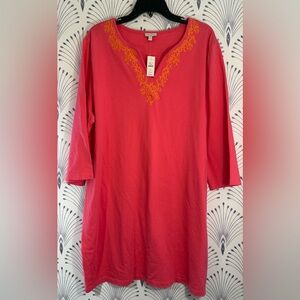 Talbots Barbie Pink Cotton Dress with Gold Embroidery Stretchy Womens XL NWT